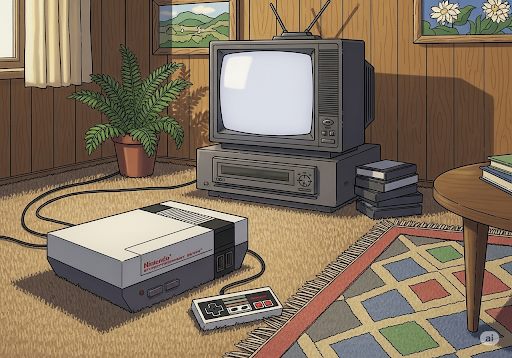 A cozy retro living room with a Nintendo Entertainment System and CRT television